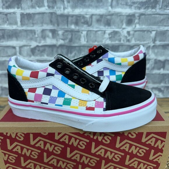Vans Old Skool Rainbow Checkerboard Black Multicolor Little Kids Size 2.5 K New‎ - Picture 2 of 5